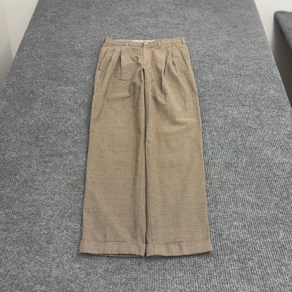 Vintage Savane Pants Mens 32x30 Brown Cotton Plaid Pleated Cuffed Classic Retro